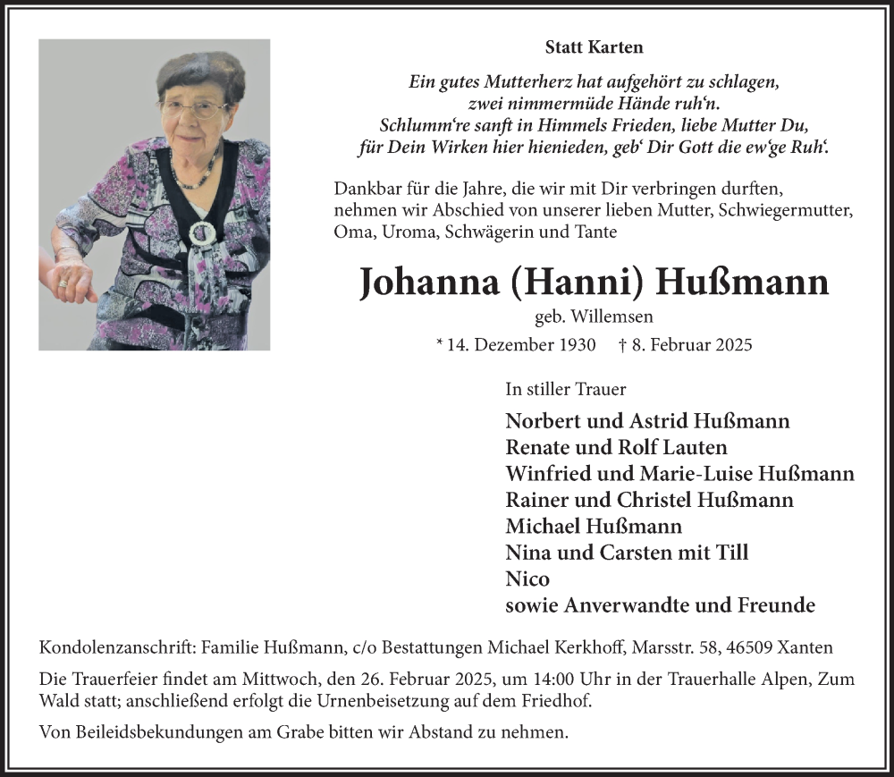  Traueranzeige für Johanna Hußmann vom 19.02.2025 aus NNA