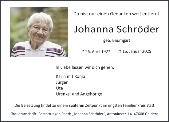 Traueranzeige von Johanna Schröder von NNA