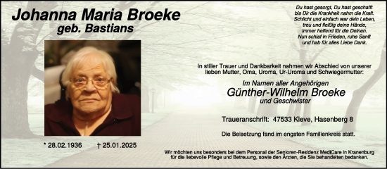 Traueranzeige von Johanna Maria Broeke von NNA