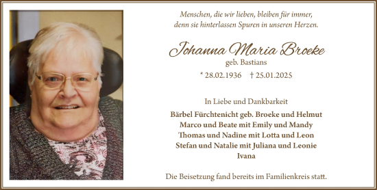 Traueranzeige von Johanna Maria Broeke von NNA