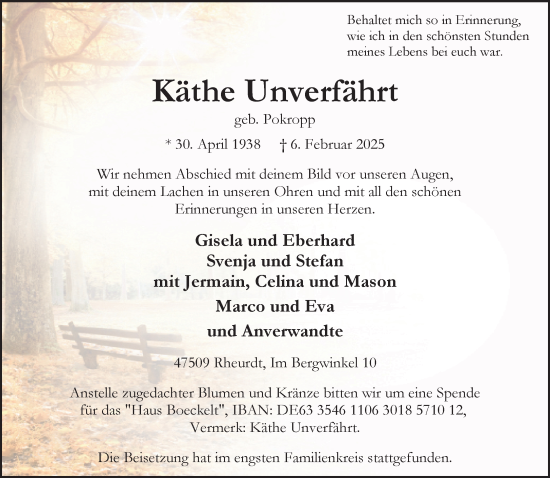 Traueranzeige von Käthe Unverfährt von NNA