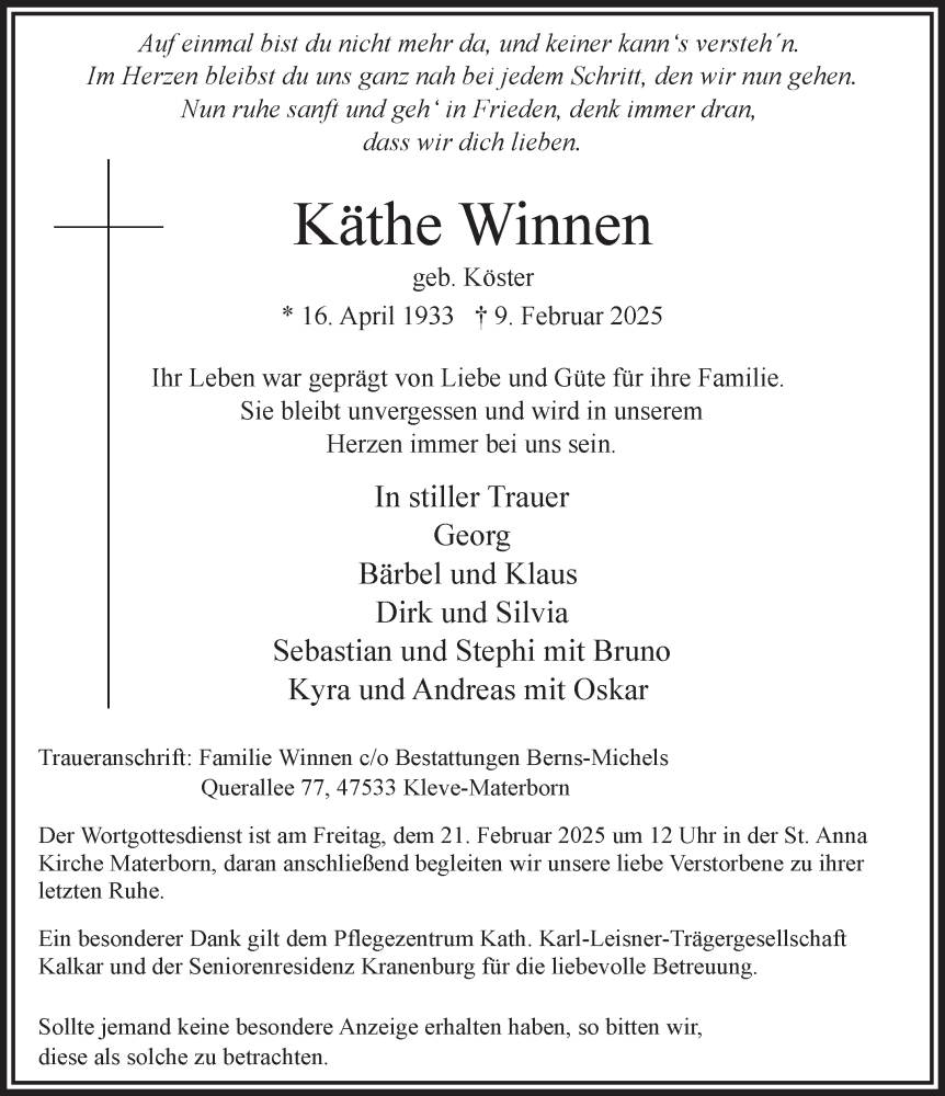  Traueranzeige für Käthe Winnen vom 15.02.2025 aus NNA
