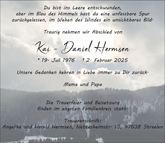 Traueranzeige von Kai-Daniel Hermsen von NNA