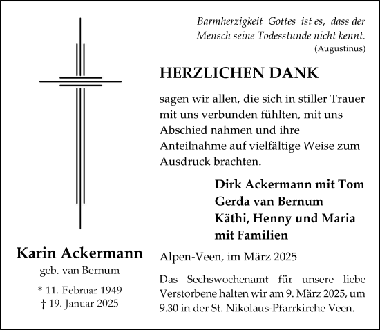Traueranzeige von Karin Ackermann von NNA