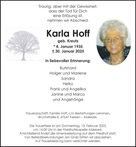 Traueranzeige von Karla Hoff von NNA