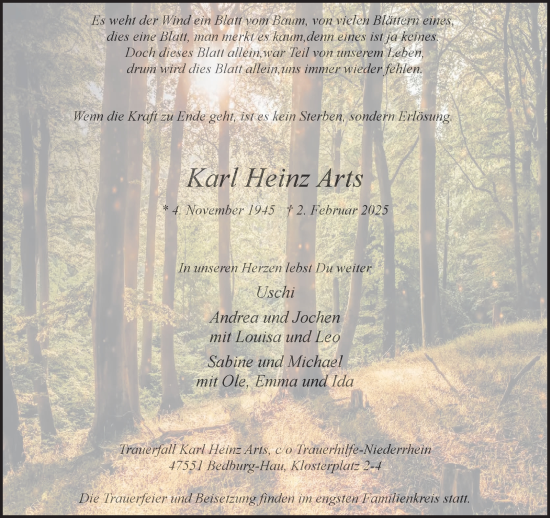 Traueranzeige von Karl Heinz Arts von NNA