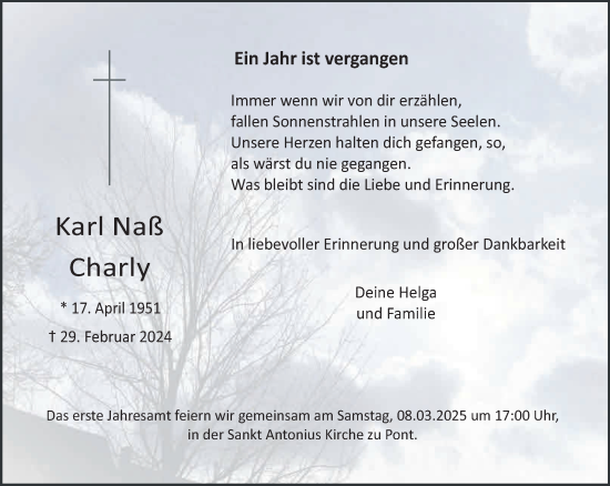 Traueranzeige von Karl Naß Charly von NNA