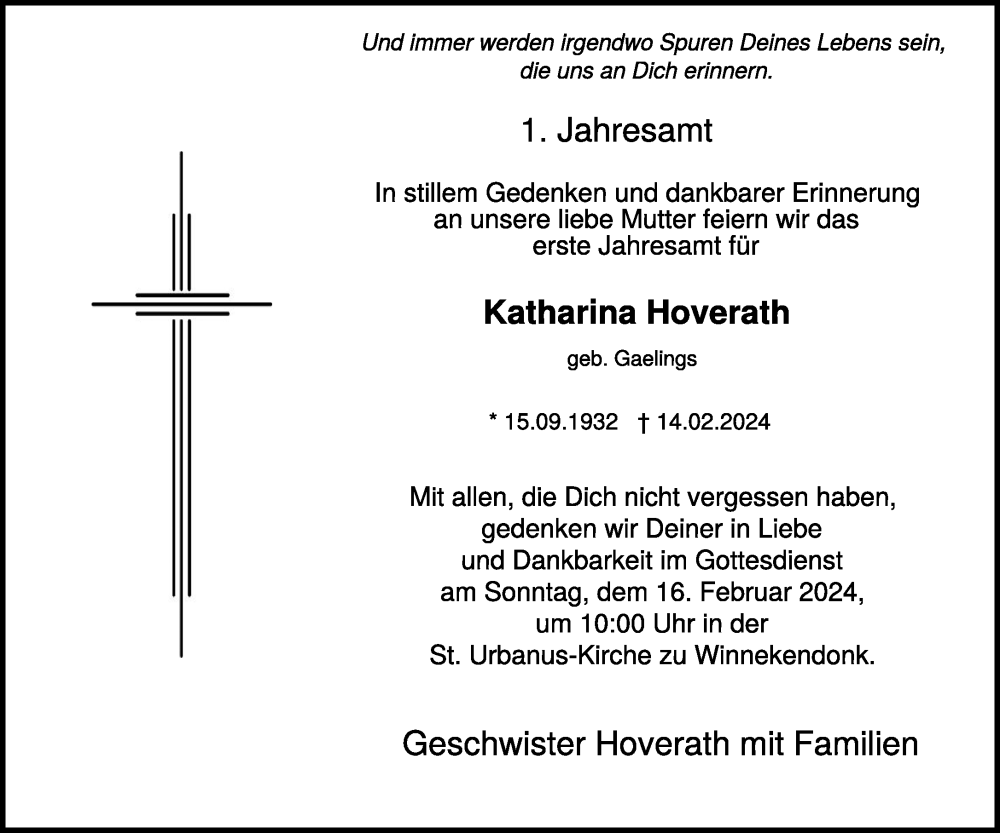  Traueranzeige für Katharina Hoverath vom 08.02.2025 aus NNA