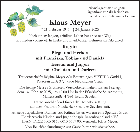 Traueranzeige von Klaus Meyer von NNA