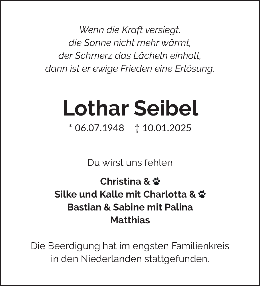  Traueranzeige für Lothar Seibel vom 22.02.2025 aus NNA