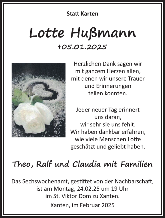 Traueranzeige von Lotte Hußmann von NNA