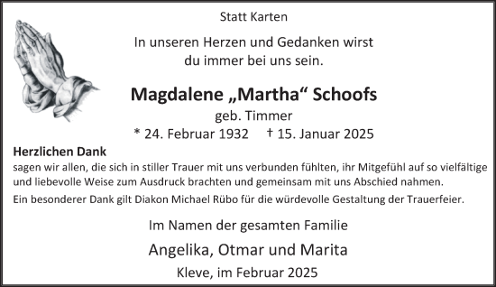 Traueranzeige von Magdalene Schoofs von NNA