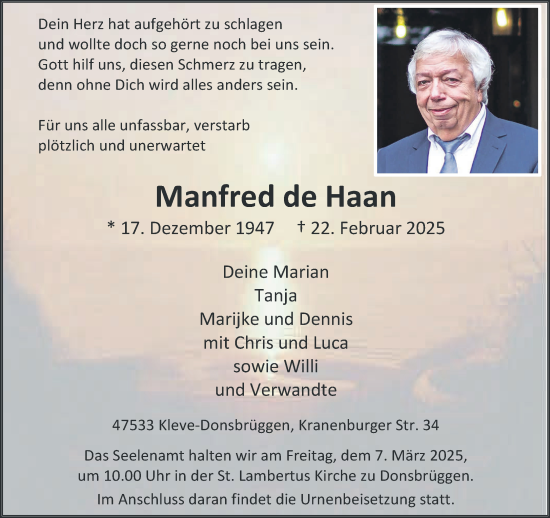 Traueranzeige von Manfred de Haan von NNA