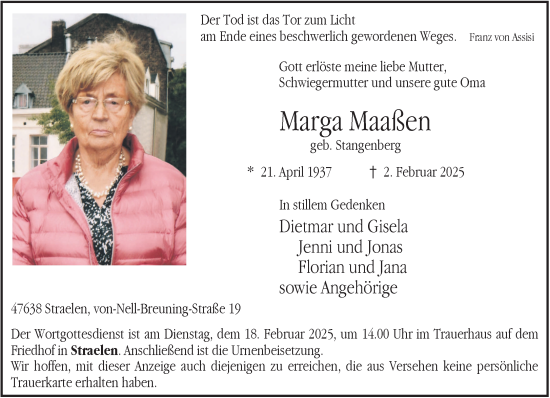 Traueranzeige von Marga Maaßen von NNA
