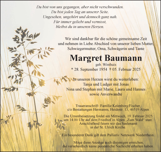 Traueranzeige von Margret Baumann von NNA