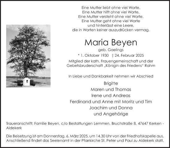 Traueranzeige von Maria Beyen von NNA