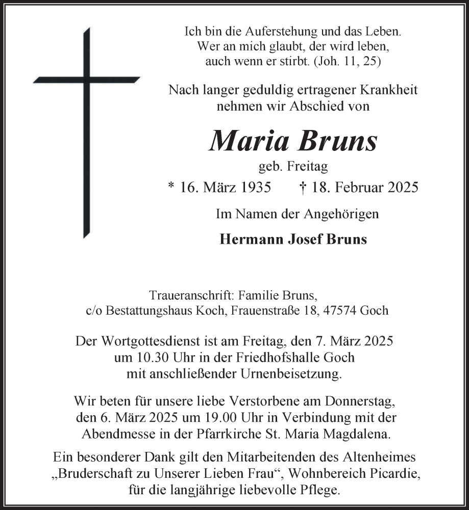  Traueranzeige für Maria Bruns vom 01.03.2025 aus NNA