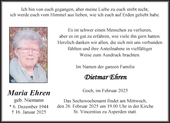 Traueranzeige von Maria Ehren von NNA