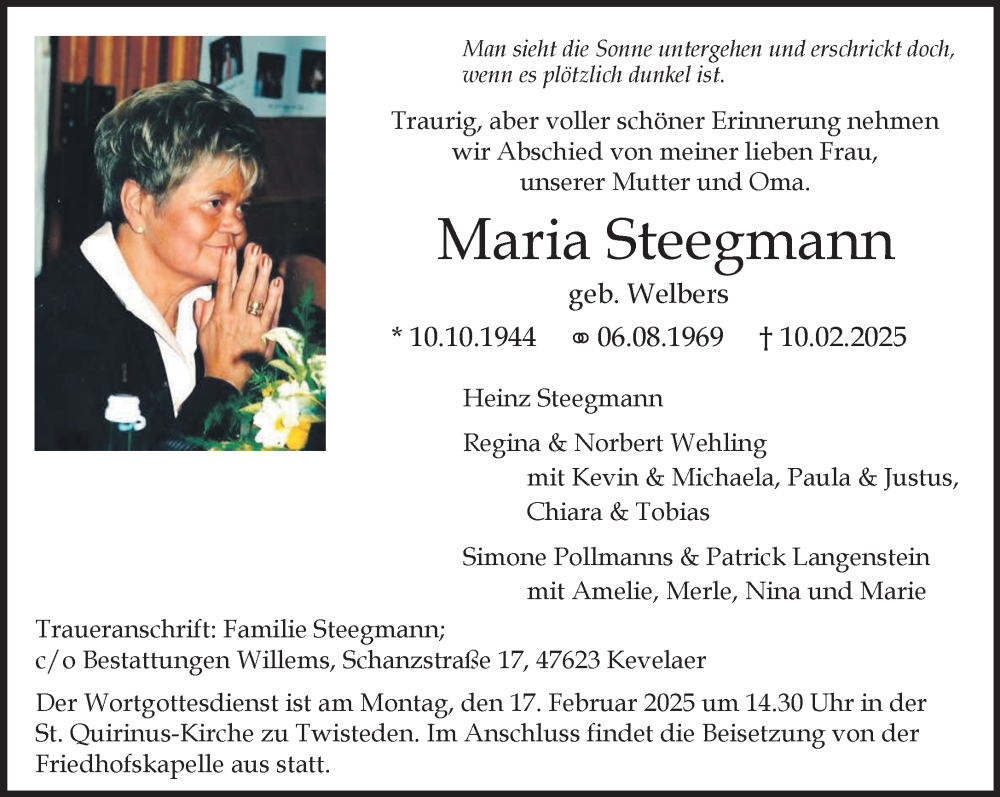  Traueranzeige für Maria Steegmann vom 15.02.2025 aus NNA