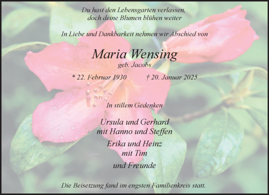 Traueranzeige von Maria Wensing von NNA