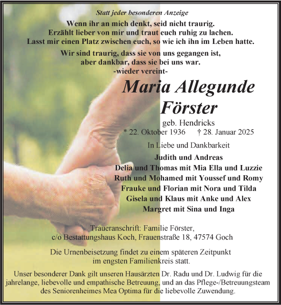 Traueranzeige von Maria Allegunde Förster von NNA