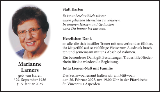 Traueranzeige von Marianne Lamers von NNA