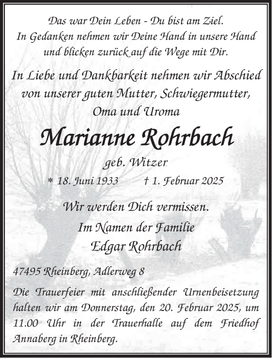 Traueranzeige von Marianne Rohrbach von NNA