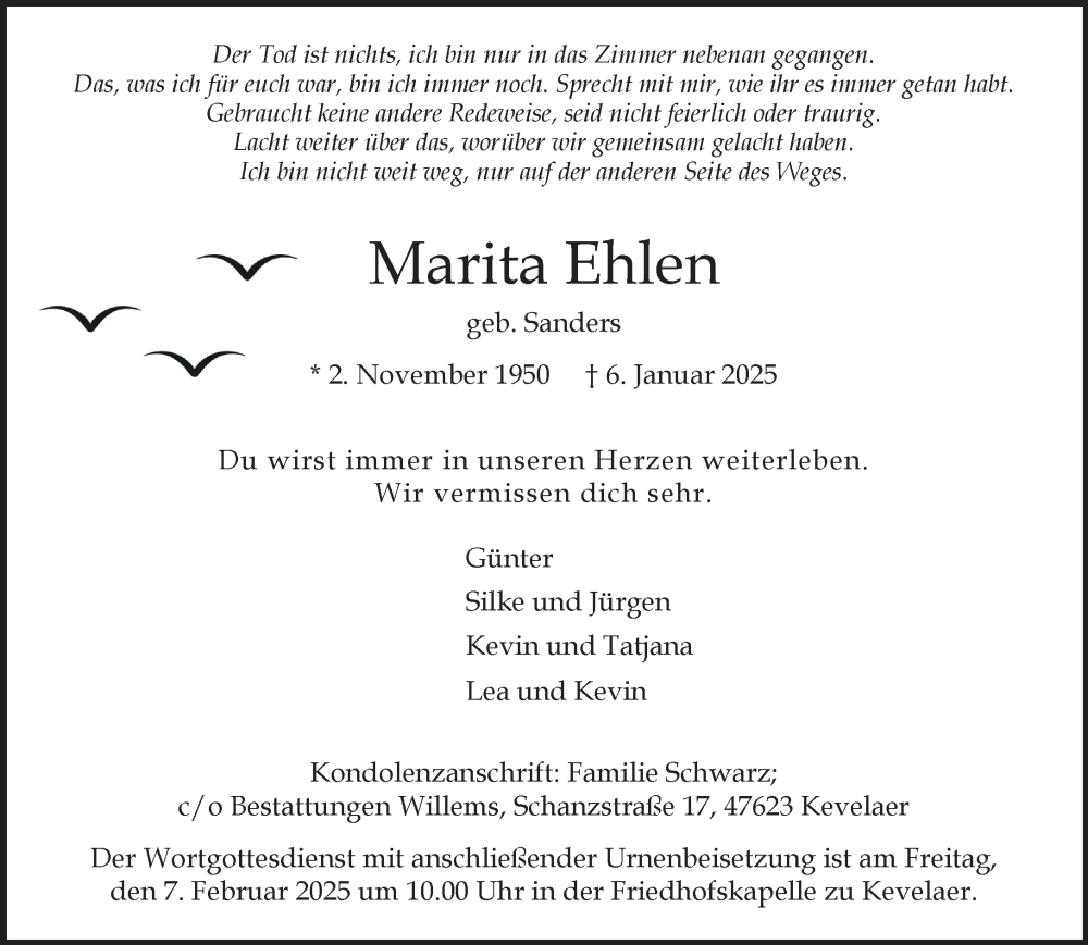  Traueranzeige für Marita Ehlen vom 01.02.2025 aus NNA