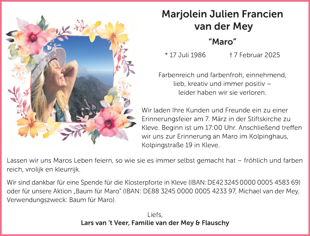  Traueranzeige für Marjolein Julien Francien van der Mey vom 01.03.2025 aus NNA