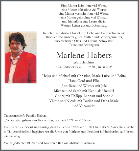 Traueranzeige von Marlene Habers von NNA