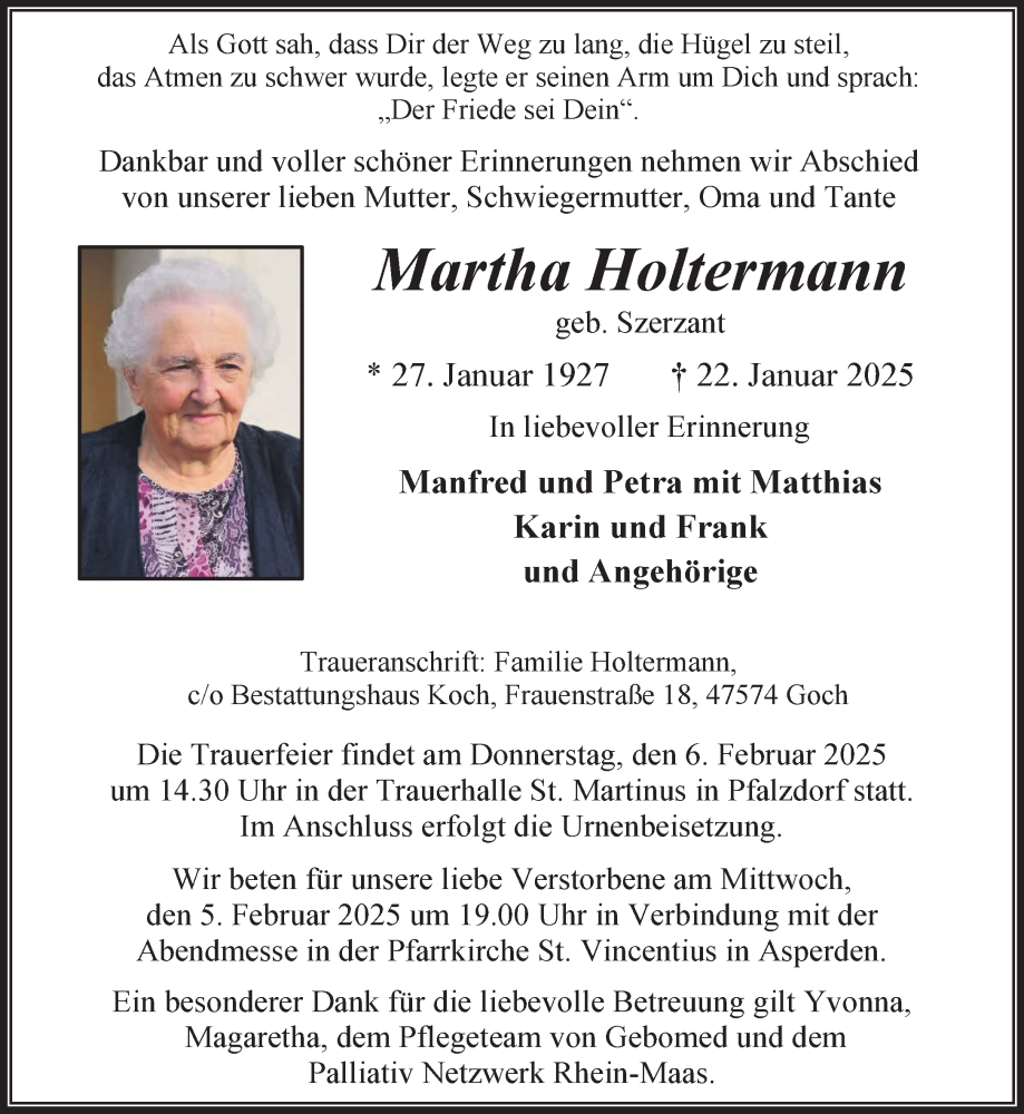  Traueranzeige für Martha Holtermann vom 01.02.2025 aus NNA