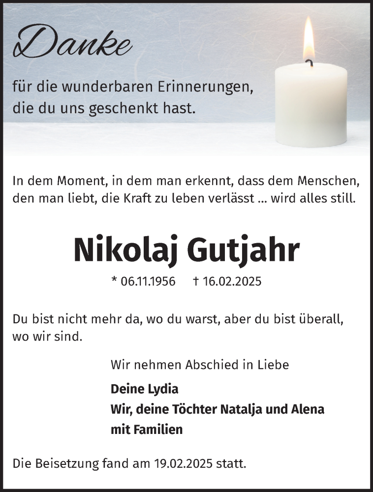  Traueranzeige für Nikolaj Gutjahr vom 01.03.2025 aus NNA