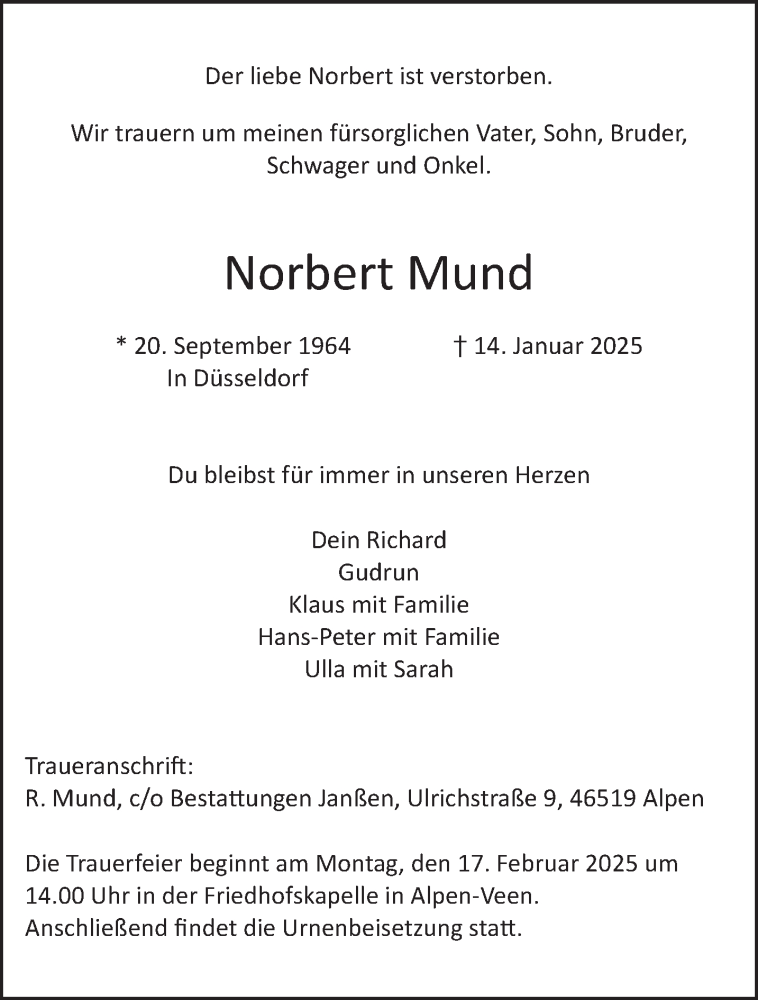  Traueranzeige für Norbert Mund vom 08.02.2025 aus NNA