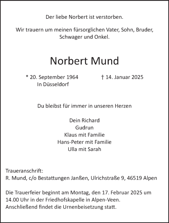 Traueranzeige von Norbert Mund von NNA