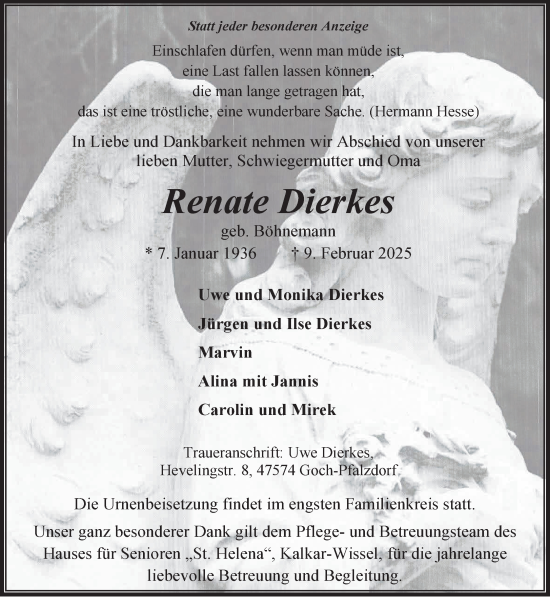 Traueranzeige von Renate Dierkes von NNA