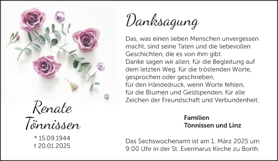Traueranzeige von Renate Tönnissen von NNA