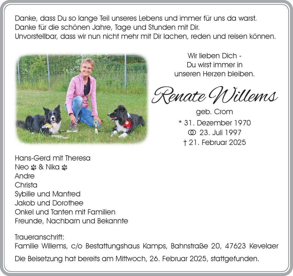  Traueranzeige für Renate Willems vom 01.03.2025 aus NNA