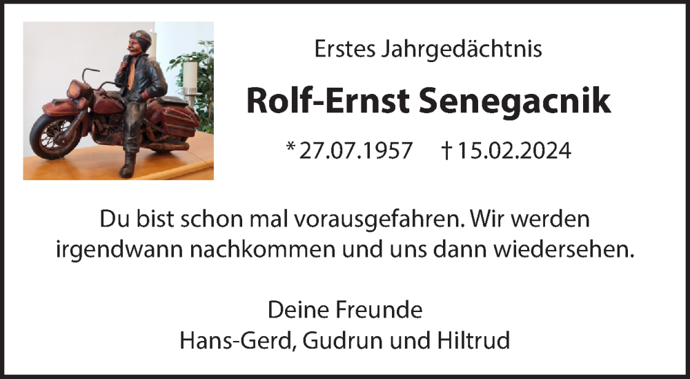 Traueranzeige für Rolf-Ernst Senegacnik vom 15.02.2025 aus NNA