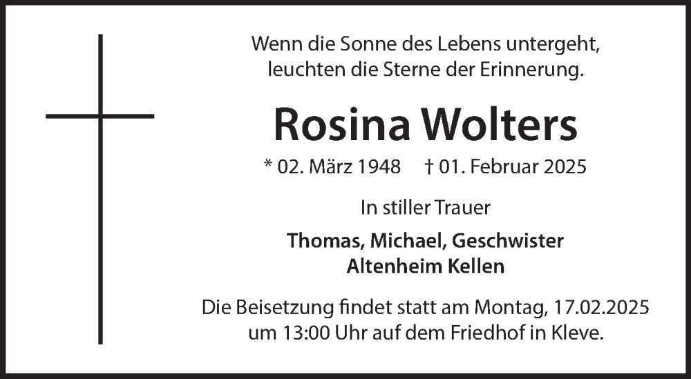  Traueranzeige für Rosina Wolters vom 15.02.2025 aus NNA