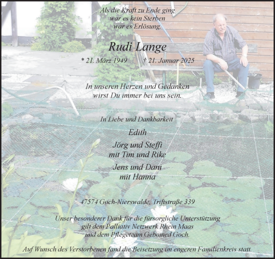 Traueranzeige von Rudi Lange von NNA