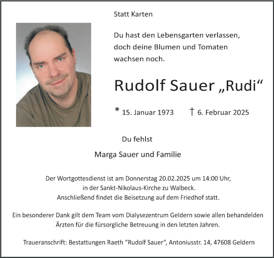 Traueranzeige von Rudolf Sauer von NNA
