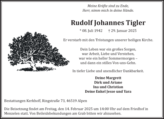 Traueranzeige von Rudolf Johannes Tigler von NNA