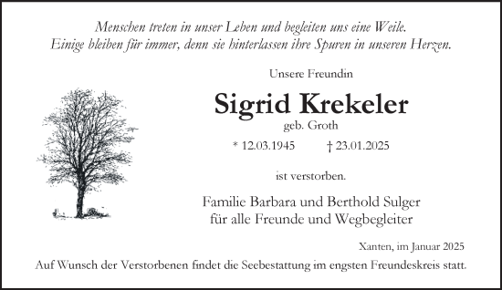 Traueranzeige von Sigrid Krekeler von NNA