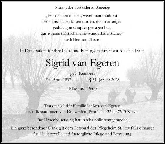Traueranzeige von Sigrid van Egeren von NNA