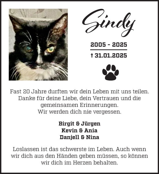 Traueranzeige von Sindy  von NNA