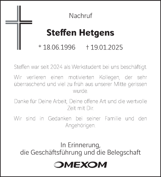 Traueranzeige von Steffen Hetgens von NNA