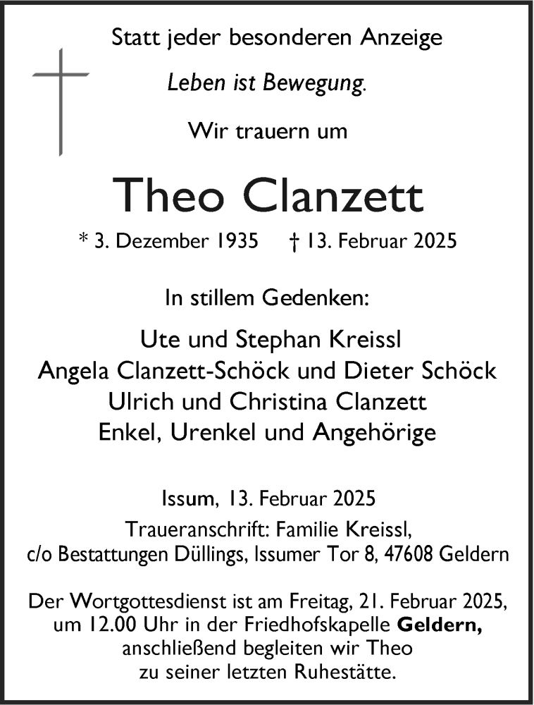  Traueranzeige für Theo Clanzett vom 19.02.2025 aus NNA