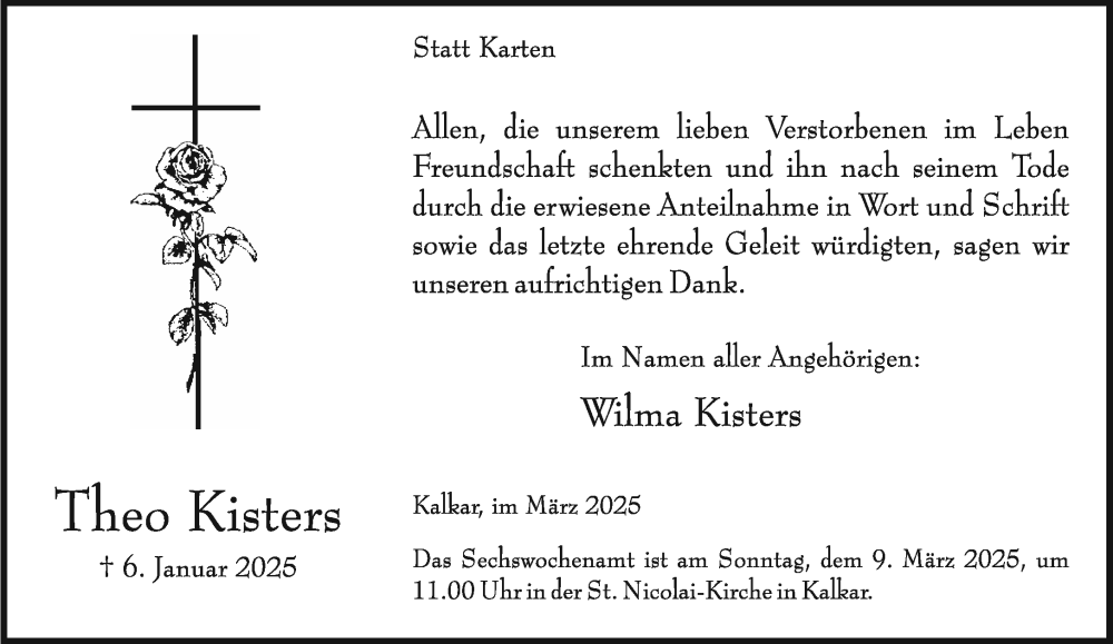  Traueranzeige für Theo Kisters vom 01.03.2025 aus NNA