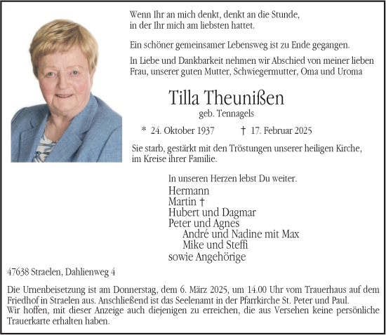 Traueranzeige von Tilla Theunißen von NNA