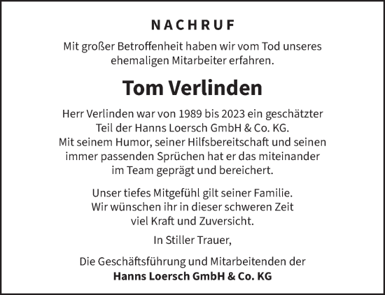 Traueranzeige von Tom Verlinden von NNA